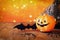 Halloween holiday concept. Cute pumpkin, spiders and bat