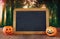 Halloween holiday concept. Cute pumpkins next to blackboard