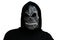 Halloween holiday concept. Isolated death carnival costume. Scary death portrait. Death mask on white background. Dark