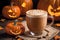 halloween holiday decoration with latte and pumpkins, still life, cozy, festive background