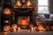 halloween holiday decoration with pumpkins, autumn leaves and candles, still life, cozy, festive background