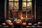 halloween holiday decorations, jack o lantern pumpkins and candles on a windowsill, flying bats outside the window, moonlit