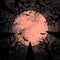 Halloween holiday gray beige grunge background with full moon, silhouettes of bats and terrible dead trees