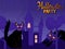 Halloween holiday greeting card with cats, chostly castle and scary landscape.