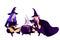 Halloween holiday greeting card. Young witches cooks a magical potion.