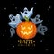 Halloween holiday poster. Scary pumpkin with horror face, flying creepy ghosts, trick-or-treat banner, dark night festival