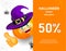 Halloween holiday sale banner or flyer. Happy orange pumpkin with funny monster face and witch hat showing thumb up on white backg