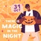 Halloween holiday square card design. Magic spooky October night postcard template with happy black man with orange