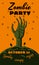 Halloween holiday Zombie Party greeting card rising hand dead cemetery