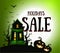 Halloween hollidays sale banner. House on hill with pumpkin, cemetery cross and scary dry trees on light moon background