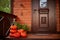 Halloween home decor. Stack pumpkins Near the door of the house. Autumn harvest