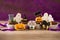 Halloween homemade cookies and cupcakes on purple spider backgro