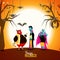 Halloween horizontal poster with vampires, pumpkins and devil. Bright Halloween design