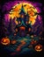 Halloween House with Pumpkins, Bats, and Scary Background