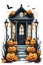 A halloween house with pumpkins on the steps. Halloween decor.