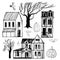 Halloween houses and trees . Vector illustration