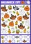 Halloween I spy game for kids. Searching and counting activity with cute kawaii holiday symbols. Scary autumn printable worksheet