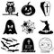 Halloween icons set in black and white including owl, pumpkin, coffin with cross, ghost, spider on spider web, witch hat with buc