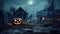 Halloween illuminated candle lit pumpkin head, jack-o-lanterns in cemetery at night - generative AI