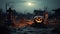 Halloween illuminated candle lit pumpkin head, jack-o-lanterns in cemetery at night - generative AI