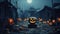 Halloween illuminated candle lit pumpkin head, jack-o-lanterns in cemetery at night - generative AI