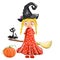 Halloween illustrated cute witch girl with broom, cat, hat and pumpkin
