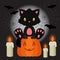 Halloween illustration with black kitten sitting on the pumpkin