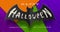 Halloween illustration. Brush calligraphy greeting on a silhouette of paper bat against a multi-colored paper background wi