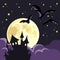 Halloween illustration with a castle, moon and bats. Vector illustration.