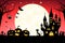 Halloween illustration - castle, moon, pumpkins