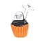 Halloween illustration with cupcake, orange icing and tombstone. Isolated on white background. Topper with a white ghost. Black
