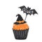 Halloween illustration with cupcake, orange icing and witch hat. Isolated on white background. Text topper Scary. Black and orange
