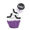 Halloween illustration with cupcake, white icing and bats. Isolated on white background. Text topper Eew. black, white and purple