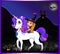 Halloween illustration of cute witch sitting on unicorn on night landscape background