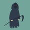 Halloween illustration of death with a scythe in a black cloak and yellow eyes. Isolated vector image on a green