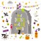 Halloween illustration. Group of active halloween characters around a giant tombstone.