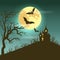 Halloween illustration of mysterious night landscape with castle and full moon.
