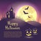 Halloween illustration of mysterious night landscape with castle and full moon. Template for your design with space for text.