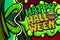 Halloween illustration. Open green mouth with fangs and Happy Halloween Message in pop art style.