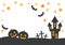 Halloween illustration. Pumpkins, bats and castle. Star pattern background.