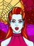 Halloween illustration. Vampire woman with red hair on poster or greating card