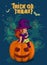Halloween illustration with witch on pumpkin lantern