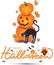 Halloween image with black cat, pumpkins, owl and text on white background.
