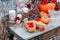 Halloween inspiration. Autumn still life. pumpkin, dry roses, viburnum honey cake. in a vase. twigs. on the table