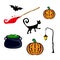Halloween isolates. Red witch broom, a pot of green liquid and bubbles, a black cat, a lantern, a bat, two pumpkins. Vector illust