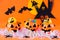 Halloween Jack o Lantern bucket with haunted house castle