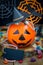 Halloween Jack o Lantern bucket overflowing with candy, copy space