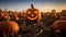 Halloween Jack-o\\\'-lantern in a field with pumpkins, spooky and scary mood, Trick or treat, October, autumn