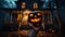 Halloween Jack-o\\\'-lantern held by a hand, spooky and scary house in background, Trick or treat, October, autumn