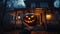 Halloween Jack-o\\\'-lantern held by a hand, spooky and scary house in background, Trick or treat, October, autumn